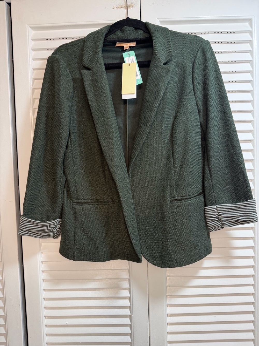 Skies Are Blue ASA Knit Dark Green Women's Blazer with Striped Cuff NWT Size L